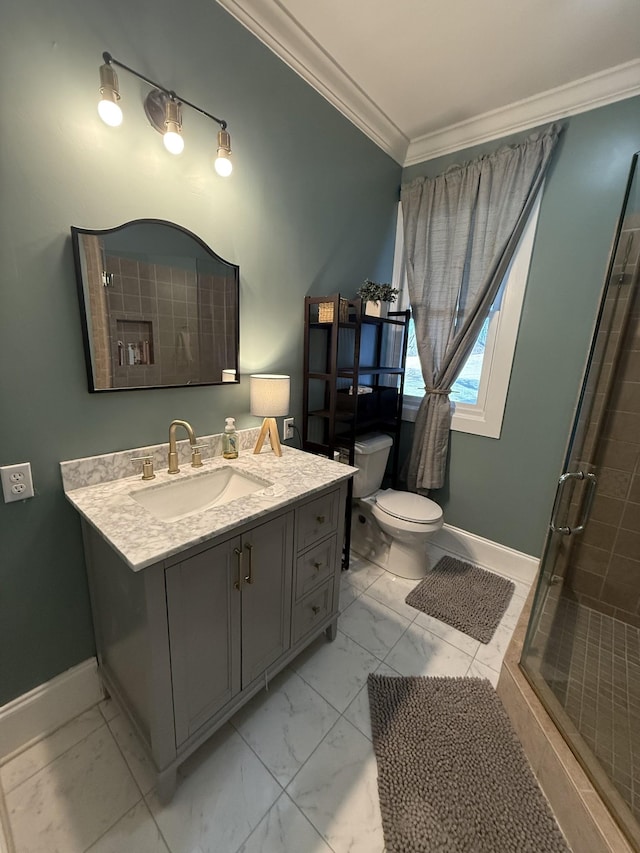 full bath with ornamental molding, marble finish floor, a shower stall, and baseboards