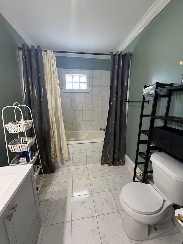 bathroom with shower / bath combo, toilet, ornamental molding, marble finish floor, and vanity