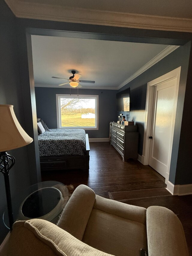 bedroom with baseboards, ceiling fan, dark wood-type flooring, and crown molding