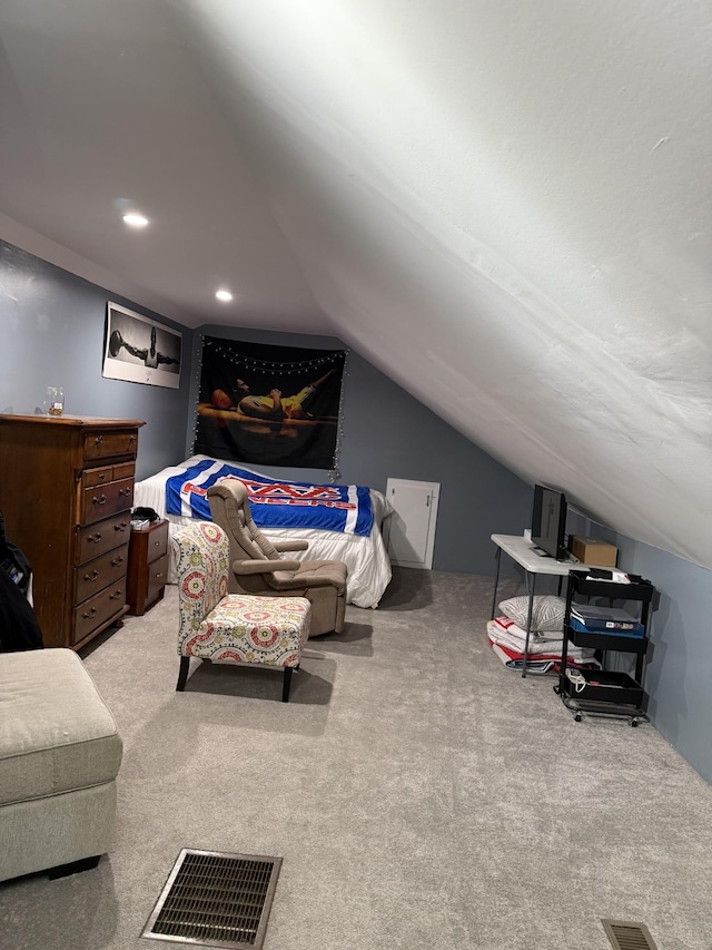 carpeted bedroom with lofted ceiling, visible vents, and recessed lighting