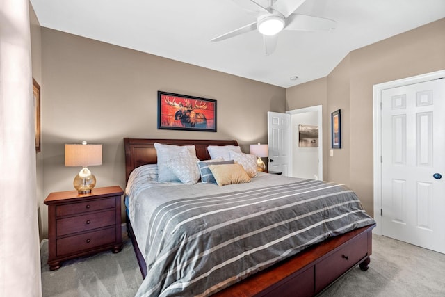 bedroom with light colored carpet and ceiling fan