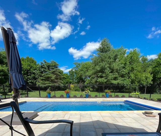 view of pool featuring a patio area, fence, and a fenced in pool