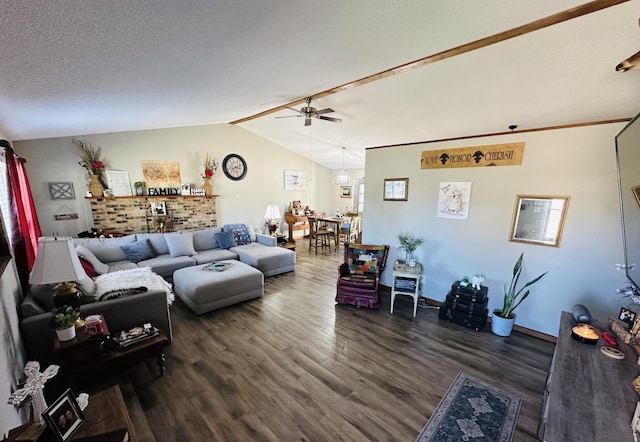 living room featuring dark wood-type flooring, vaulted ceiling, a textured ceiling, and ceiling fan