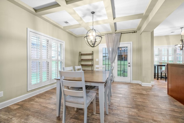 dining room featuring wood finished floors, coffered ceiling, baseboards, and an inviting chandelier