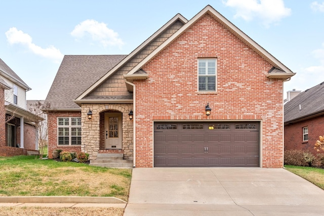 view of front of house with a garage, a front lawn, concrete driveway, and brick siding