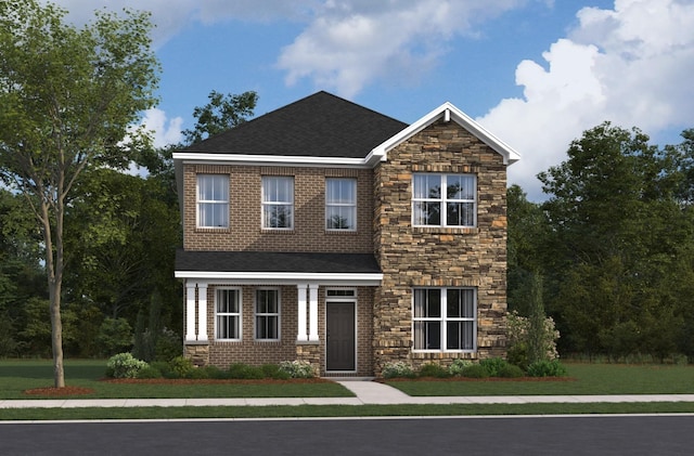 view of front of home with a front yard, stone siding, and brick siding