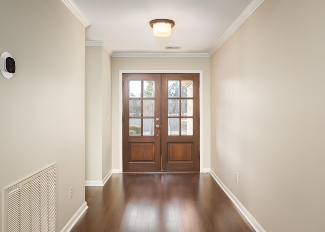 doorway with ornamental molding, french doors, dark wood finished floors, and visible vents