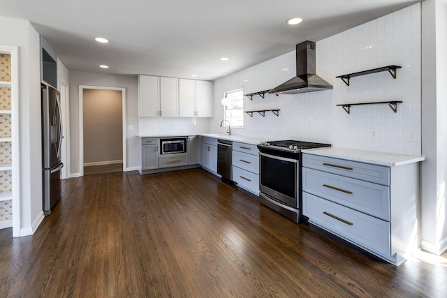 kitchen with open shelves, appliances with stainless steel finishes, dark wood-style flooring, and exhaust hood