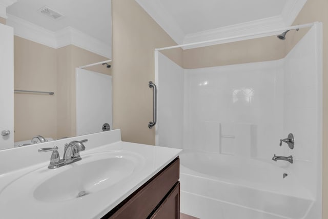 full bath featuring visible vents, crown molding, vanity, and shower / tub combination