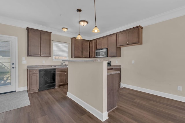 kitchen featuring black dishwasher, stainless steel microwave, crown molding, and dark wood-style flooring