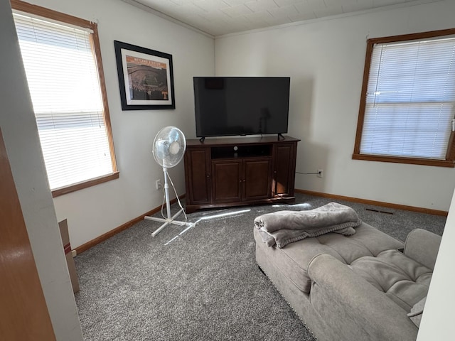 living area featuring baseboards, carpet, and crown molding