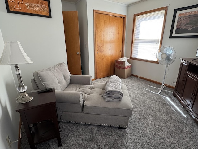 carpeted living area featuring baseboards