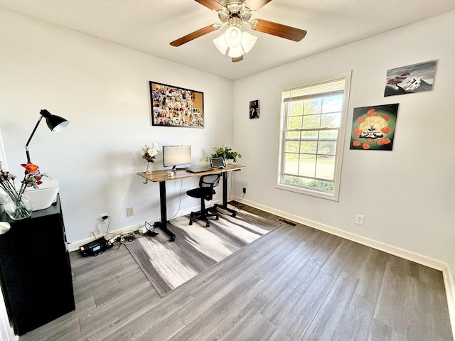 home office featuring visible vents, baseboards, and wood finished floors