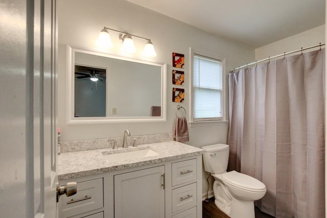 bathroom with curtained shower, vanity, and toilet