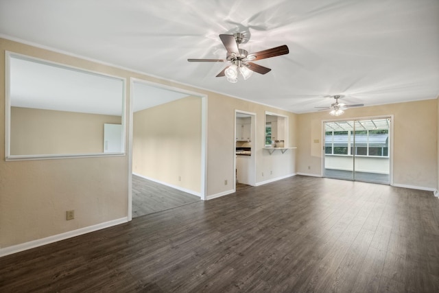 unfurnished living room featuring ceiling fan, dark wood-style flooring, and baseboards