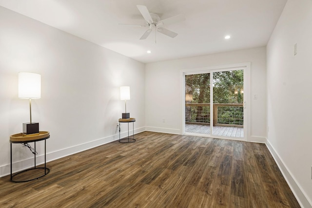 unfurnished room featuring ceiling fan, recessed lighting, wood finished floors, and baseboards