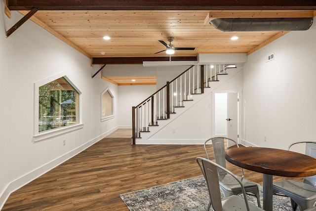 dining room with recessed lighting, visible vents, wood ceiling, wood finished floors, and stairs