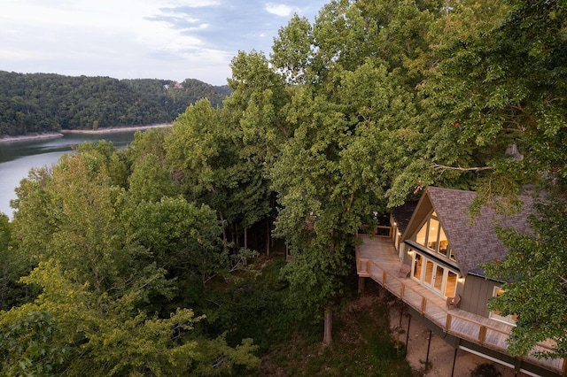 birds eye view of property with a water view and a forest view