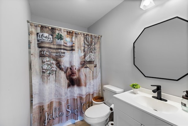 bathroom with toilet, a shower with shower curtain, and vanity