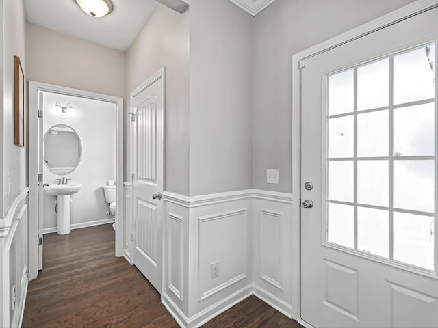 doorway featuring dark wood-style floors, a wainscoted wall, and a decorative wall