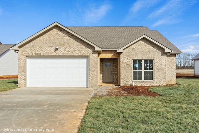 ranch-style home with a garage, concrete driveway, brick siding, and roof with shingles