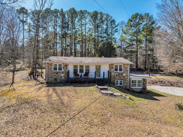 view of front facade with stone siding and driveway