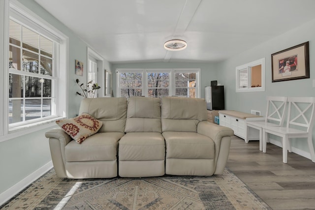 living area featuring wood finished floors, visible vents, and baseboards