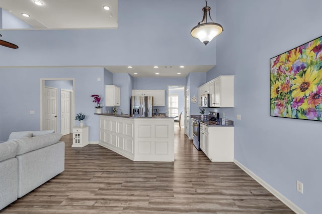 kitchen featuring dark countertops, appliances with stainless steel finishes, open floor plan, wood finished floors, and white cabinetry