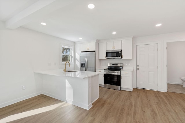 kitchen featuring stainless steel appliances, white cabinets, a sink, and light wood finished floors