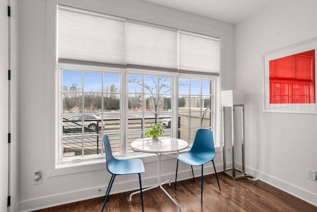 dining room featuring dark wood-type flooring, plenty of natural light, and baseboards