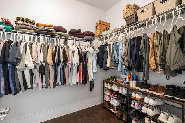 walk in closet with wood finished floors