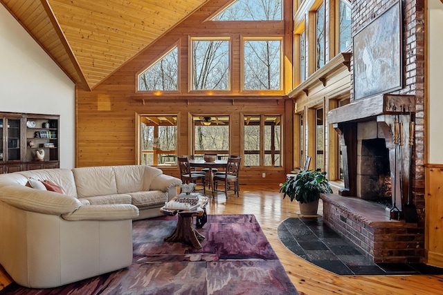 living area featuring wood walls, plenty of natural light, and hardwood / wood-style flooring