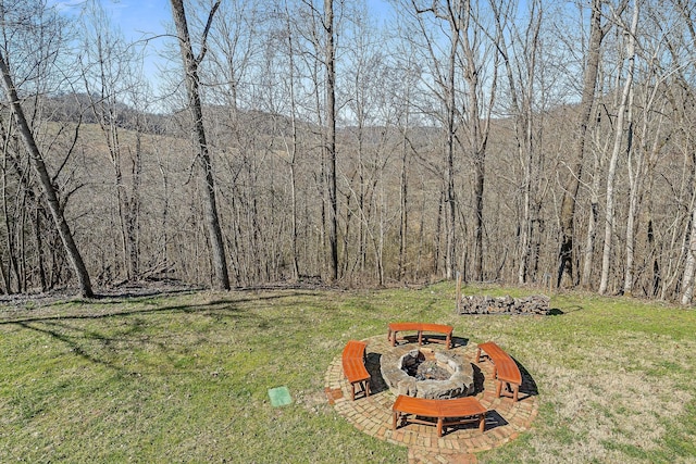 view of yard featuring a forest view, an outdoor fire pit, and a patio area