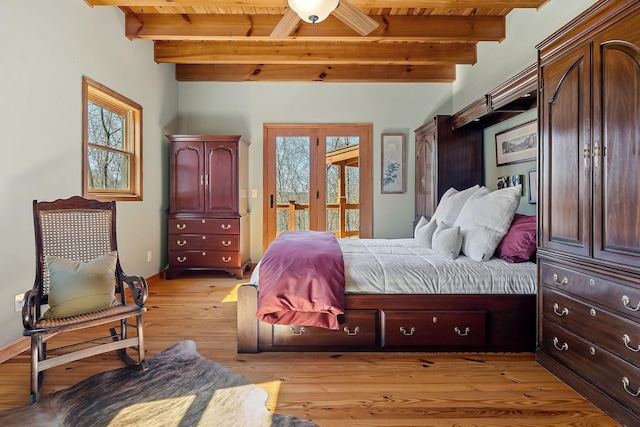 bedroom with french doors, light wood finished floors, wood ceiling, access to outside, and beamed ceiling