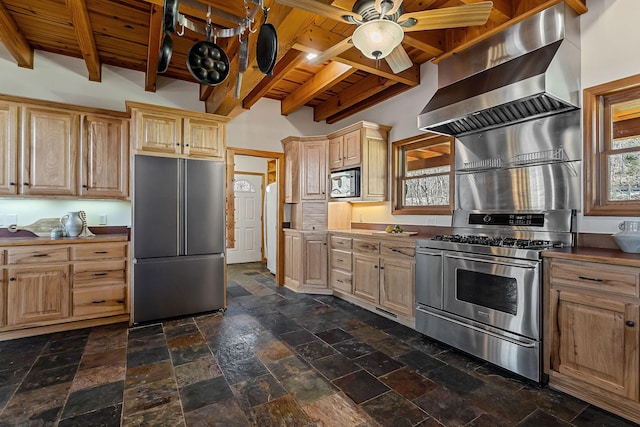 kitchen featuring appliances with stainless steel finishes, wooden ceiling, beamed ceiling, and wall chimney range hood