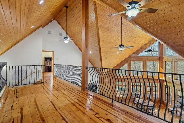 bonus room with high vaulted ceiling, hardwood / wood-style floors, wooden ceiling, and visible vents