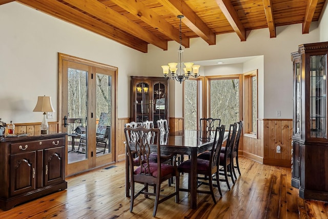 dining area featuring wainscoting, light wood finished floors, wooden ceiling, and beam ceiling