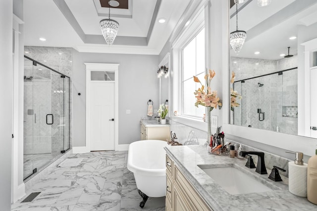 bathroom with a chandelier, marble finish floor, a shower stall, and visible vents