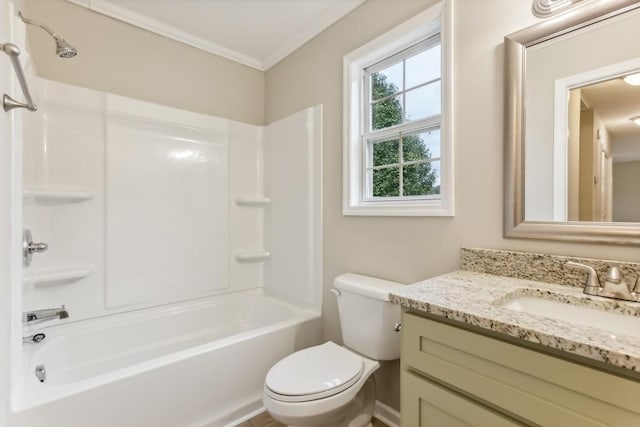 full bath with tub / shower combination, crown molding, vanity, and toilet