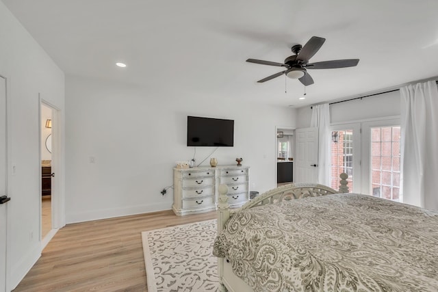 bedroom featuring ceiling fan, recessed lighting, baseboards, access to exterior, and light wood-type flooring