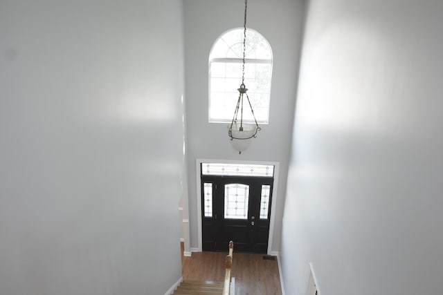 foyer with a high ceiling, baseboards, and wood finished floors