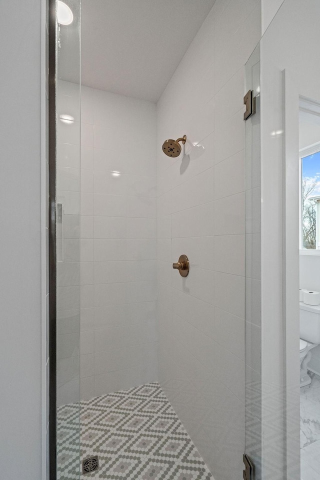 bathroom with a shower stall and toilet