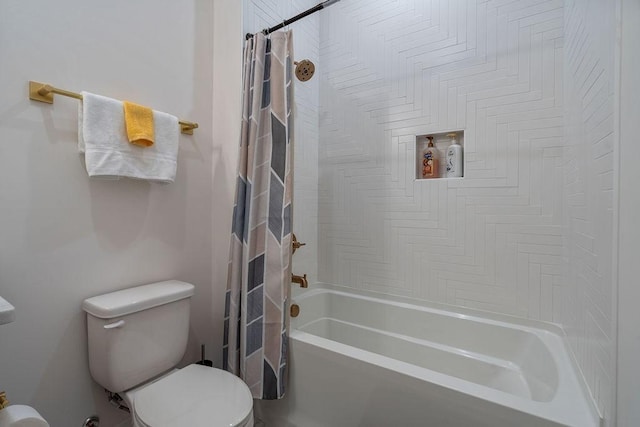 bathroom with toilet and shower / bath combo with shower curtain