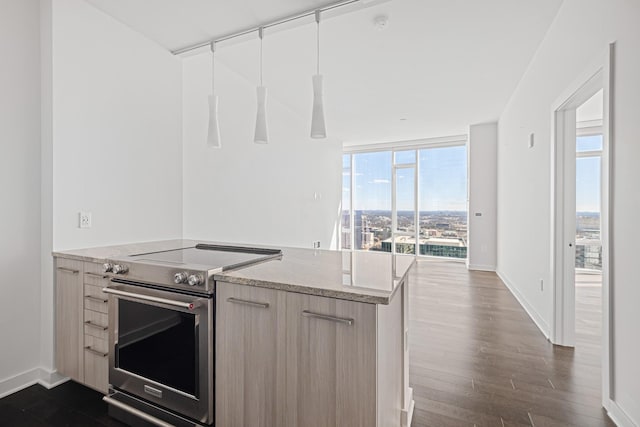 kitchen featuring dark wood-style flooring, floor to ceiling windows, baseboards, and stainless steel electric range