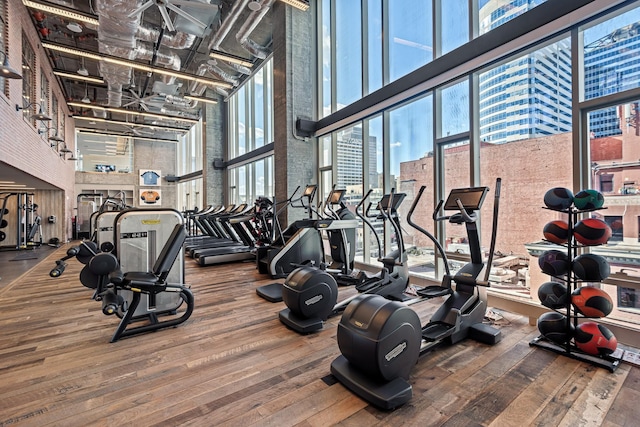 exercise room with a towering ceiling, hardwood / wood-style flooring, and expansive windows