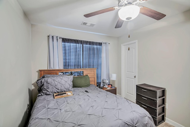 bedroom with a ceiling fan, visible vents, and baseboards