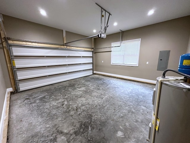 garage with a garage door opener, electric panel, baseboards, and water heater