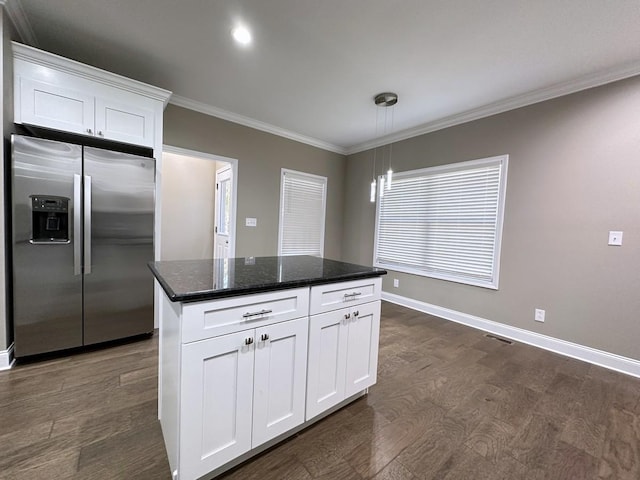 kitchen featuring dark wood-style flooring, white cabinetry, baseboards, ornamental molding, and stainless steel refrigerator with ice dispenser