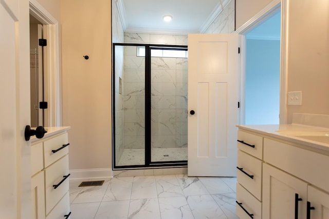 full bath with marble finish floor, a marble finish shower, visible vents, ornamental molding, and vanity