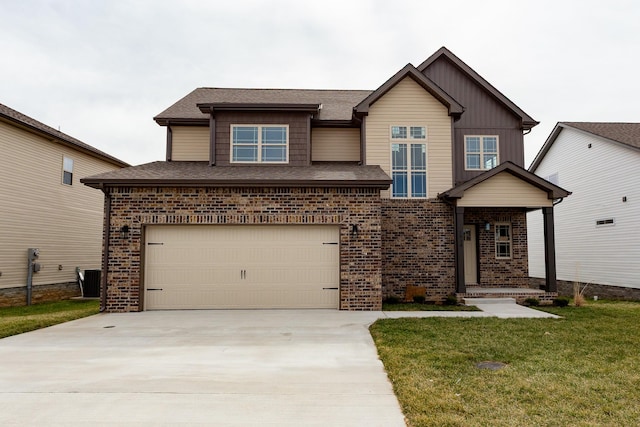 craftsman-style house with concrete driveway, an attached garage, a front lawn, central AC, and brick siding